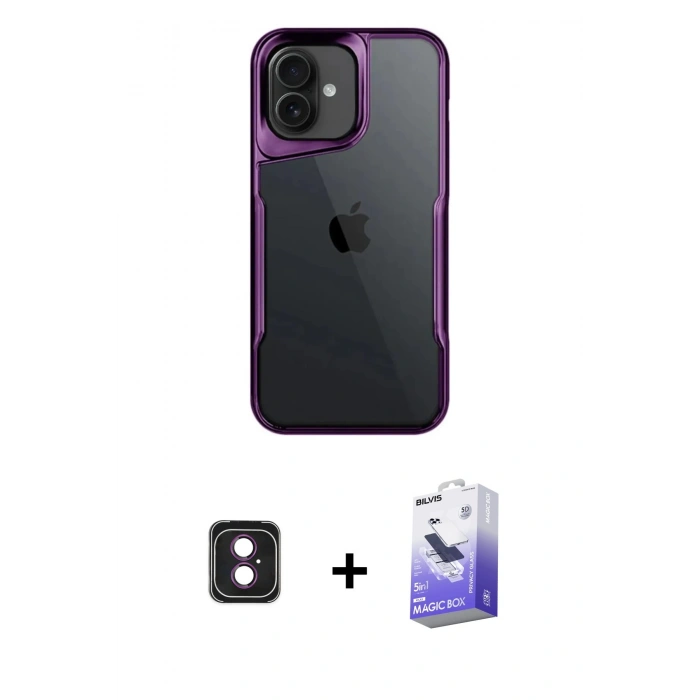 MARSİLYAN™- iPhone 16 Kılıf Akış Çizgi Koleksiyonu - Siyah Bilvis 5in1 5D Magic Hayalet Cam Ekran Koruyucu + PVD Metal Kamera Lens - PE