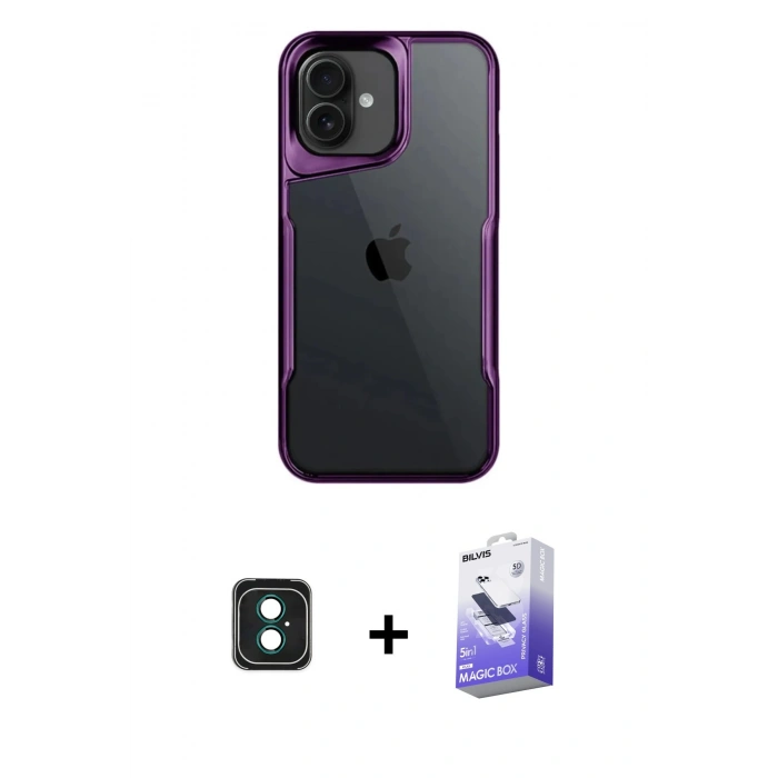 MARSİLYAN™- iPhone 16 Kılıf Akış Çizgi Koleksiyonu - Siyah Bilvis 5in1 5D Magic Hayalet Cam Ekran Koruyucu + PVD Metal Kamera Lens - YL