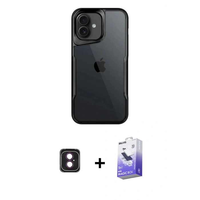MARSİLYAN™- iPhone 16 Kılıf Akış Çizgi Koleksiyonu - Siyah Bilvis 5in1 5D Magic Hayalet Cam Ekran Koruyucu + PVD Metal Kamera Lens - PE