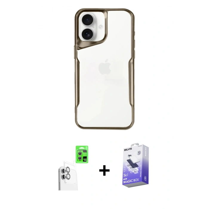 MARSİLYAN™- iPhone 16 Kılıf Akış Çizgi Koleksiyonu - Siyah Bilvis 5in1 5D Magic Hayalet Cam Ekran Koruyucu + Raze Metal Kamera Lens - BZ