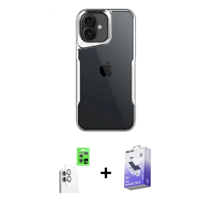 MARSİLYAN™- iPhone 16 Kılıf Akış Çizgi Koleksiyonu - Siyah Bilvis 5in1 5D Magic Hayalet Cam Ekran Koruyucu + Raze Metal Kamera Lens - BZ