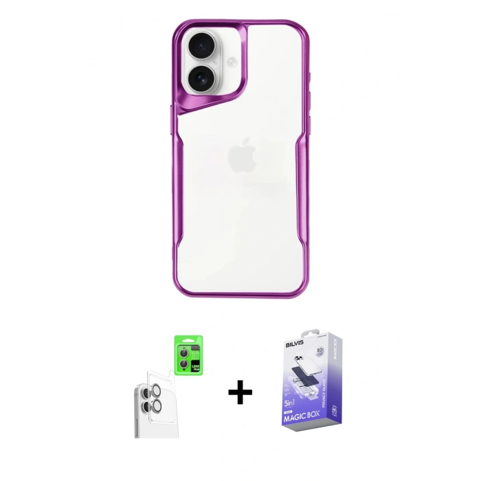 MARSİLYAN™- iPhone 16 Kılıf Akış Çizgi Koleksiyonu - Siyah Bilvis 5in1 5D Magic Hayalet Cam Ekran Koruyucu + Raze Metal Kamera Lens - BZ