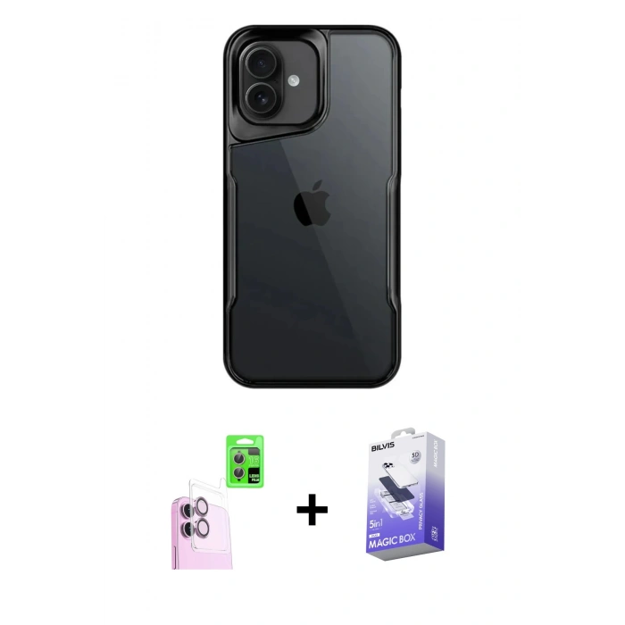 MARSİLYAN™- iPhone 16 Kılıf Akış Çizgi Koleksiyonu - Siyah Bilvis 5in1 5D Magic Hayalet Cam Ekran Koruyucu + Raze Metal Kamera Lens - PE