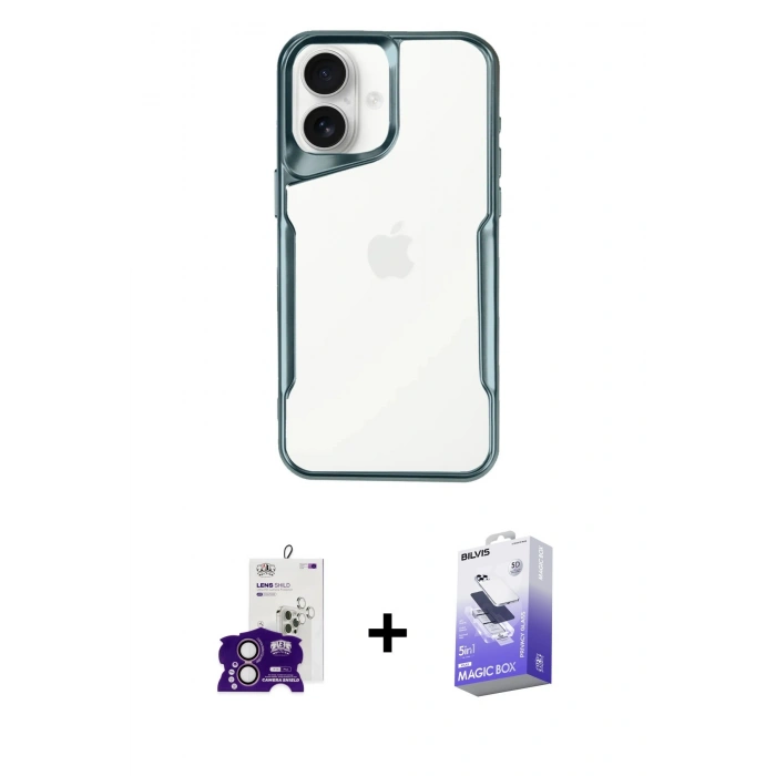 MARSİLYAN™- iPhone 16 Kılıf Akış Çizgi Koleksiyonu - Siyah Bilvis 5in1 5D Magic Hayalet Cam Ekran Koruyucu + Bilvis Titan Kamera Lens - PE