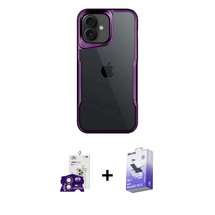 MARSİLYAN™- iPhone 16 Kılıf Akış Çizgi Koleksiyonu - Siyah Bilvis 5in1 5D Magic Hayalet Cam Ekran Koruyucu + Bilvis Titan Kamera Lens - PE