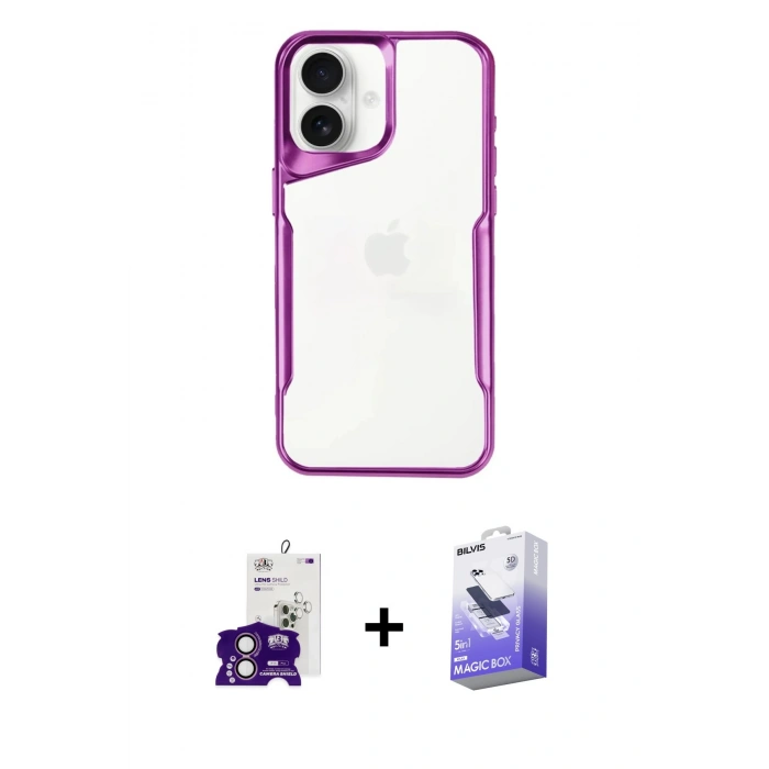 MARSİLYAN™- iPhone 16 Kılıf Akış Çizgi Koleksiyonu - Siyah Bilvis 5in1 5D Magic Hayalet Cam Ekran Koruyucu + Bilvis Titan Kamera Lens - PE