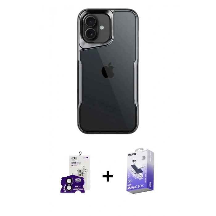 MARSİLYAN™- iPhone 16 Kılıf Akış Çizgi Koleksiyonu - Siyah Bilvis 5in1 5D Magic Hayalet Cam Ekran Koruyucu + Bilvis Titan Kamera Lens - SH