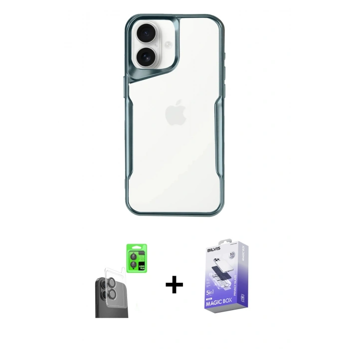 MARSİLYAN™- iPhone 16 Kılıf Akış Çizgi Koleksiyonu - Siyah Bilvis 5in1 5D Magic Hayalet Cam Ekran Koruyucu + Raze Metal Kamera Lens - SH