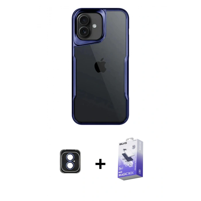 MARSİLYAN™- iPhone 16 Kılıf Akış Çizgi Koleksiyonu - Siyah Bilvis 5in1 5D Magic Hayalet Cam Ekran Koruyucu + PVD Metal Kamera Lens - MI