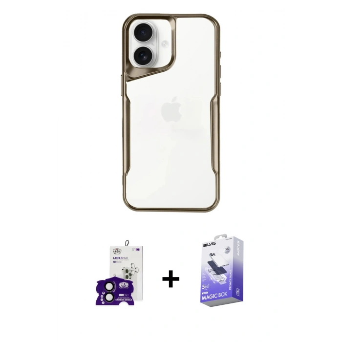 MARSİLYAN™- iPhone 16 Kılıf Akış Çizgi Koleksiyonu - Siyah Bilvis 5in1 5D Magic Hayalet Cam Ekran Koruyucu + Bilvis Titan Kamera Lens - SH