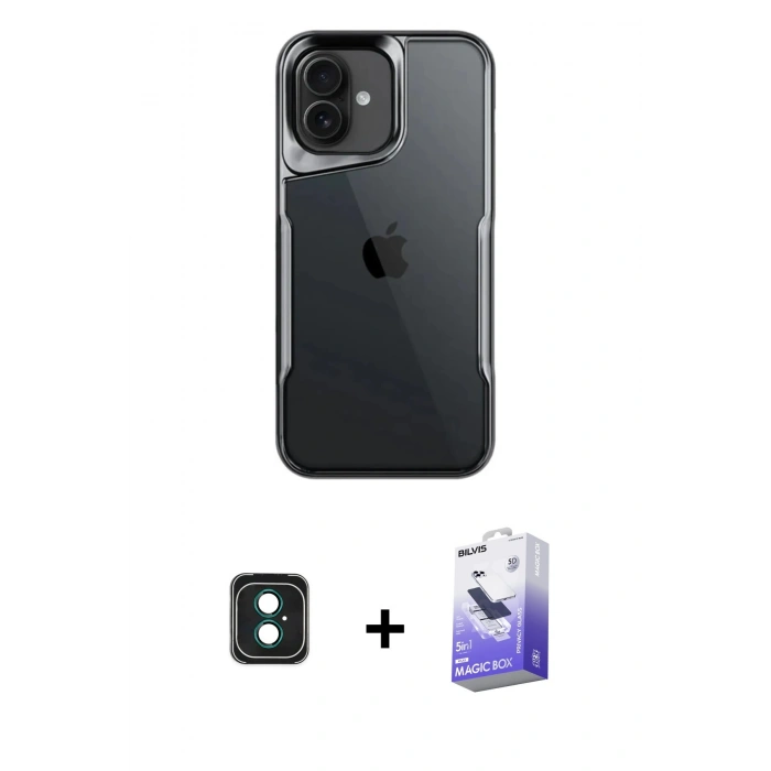 MARSİLYAN™- iPhone 16 Kılıf Akış Çizgi Koleksiyonu - Siyah Bilvis 5in1 5D Magic Hayalet Cam Ekran Koruyucu + PVD Metal Kamera Lens - YL