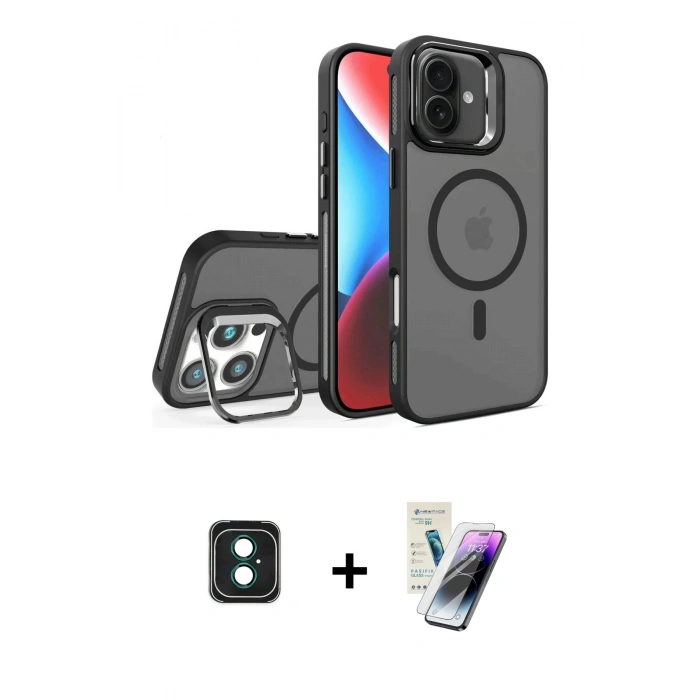 MARSİLYAN™- iPhone 16 Kılıf Akış Form - Şeffaf Pasifik Cam Ekran Koruyucu + PVD Metal Kamera Lens - YL