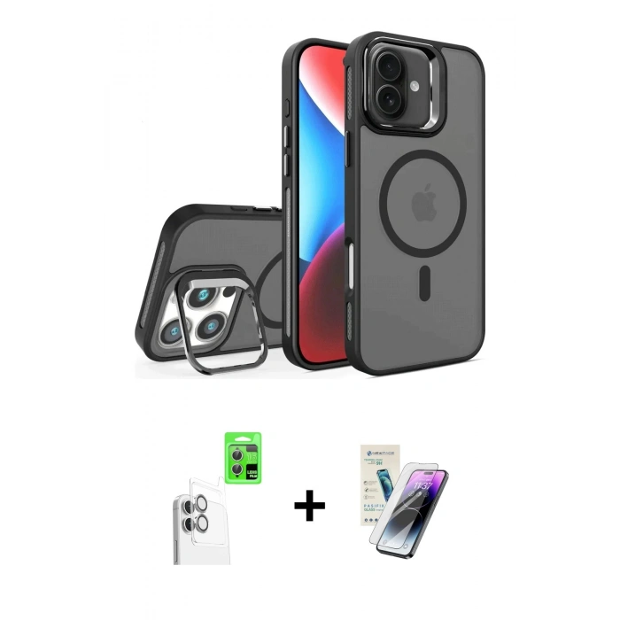MARSİLYAN™- iPhone 16 Kılıf Akış Form - Şeffaf Pasifik Cam Ekran Koruyucu + Raze Metal Kamera Lens - BZ
