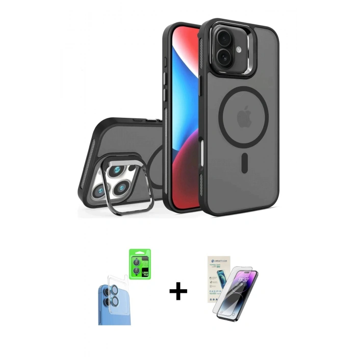 MARSİLYAN™- iPhone 16 Kılıf Akış Form - Şeffaf Pasifik Cam Ekran Koruyucu + Raze Metal Kamera Lens - LT
