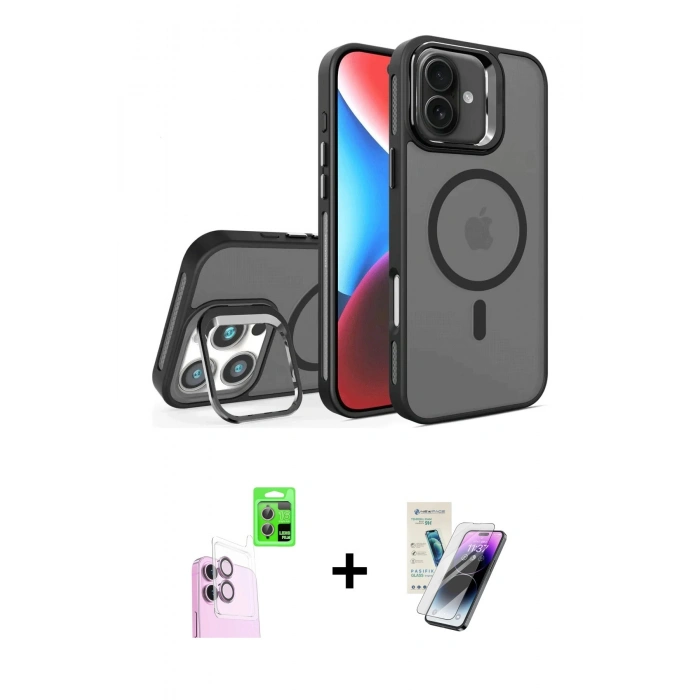 MARSİLYAN™- iPhone 16 Kılıf Akış Form - Şeffaf Pasifik Cam Ekran Koruyucu + Raze Metal Kamera Lens - PE