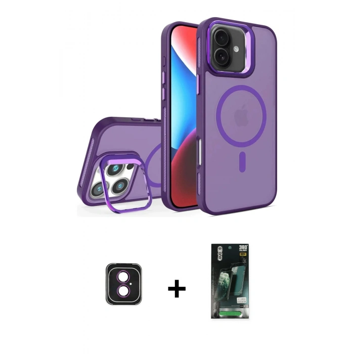 MARSİLYAN™- iPhone 16 Kılıf Akış Form - Siyah 360 Mat Full Body Arka Koruyucu + Pembe PVD Metal Kamera Lens