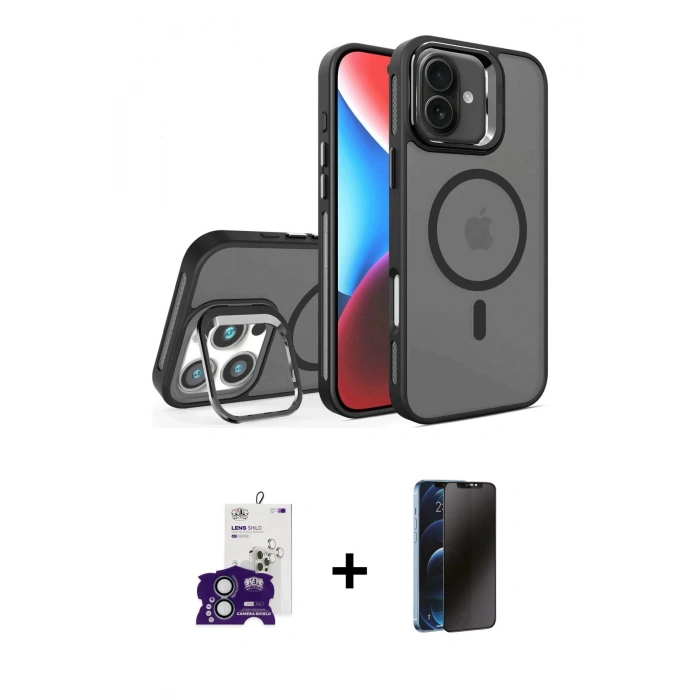 MARSİLYAN™- iPhone 16 Kılıf Akış Form - Siyah 3D Antistatik Hayalet Cam Ekran Koruyucu + Bilvis Titan Kamera Lens - YL