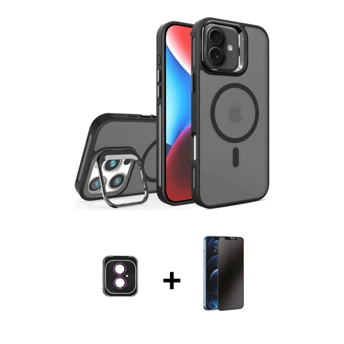 MARSİLYAN™- iPhone 16 Kılıf Akış Form - Siyah 3D Antistatik Hayalet Cam Ekran Koruyucu + PVD Metal Kamera Lens - PE