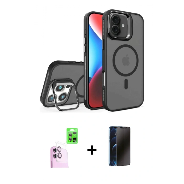 MARSİLYAN™- iPhone 16 Kılıf Akış Form - Siyah 3D Antistatik Hayalet Cam Ekran Koruyucu + Raze Metal Kamera Lens - PE
