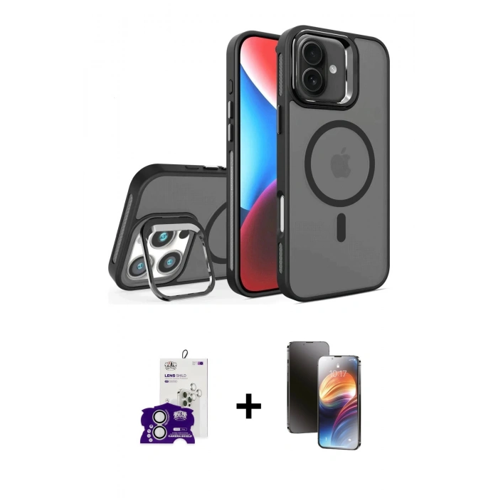 MARSİLYAN™- iPhone 16 Kılıf Akış Form - Siyah 3D Antistatik Mat Seramik Nano Ekran Koruyucu + Bilvis Titan Kamera Lens - GS