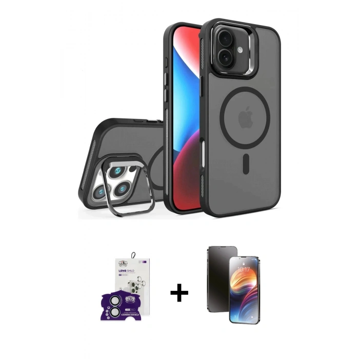 MARSİLYAN™- iPhone 16 Kılıf Akış Form - Siyah 3D Antistatik Mat Seramik Nano Ekran Koruyucu + Yeşil Bilvis Titan Kamera Lens