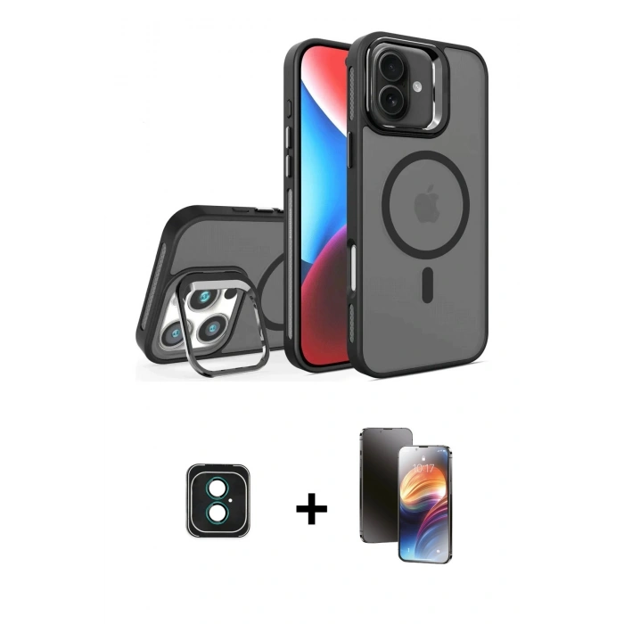 MARSİLYAN™- iPhone 16 Kılıf Akış Form - Siyah 3D Antistatik Mat Seramik Nano Ekran Koruyucu + PVD Metal Kamera Lens - YL