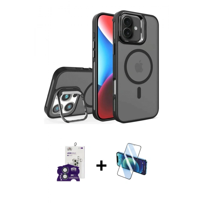 MARSİLYAN™- iPhone 16 Kılıf Akış Form - Siyah 3D Antistatik Seramik Nano Ekran Koruyucu + Bilvis Titan Kamera Lens - YL