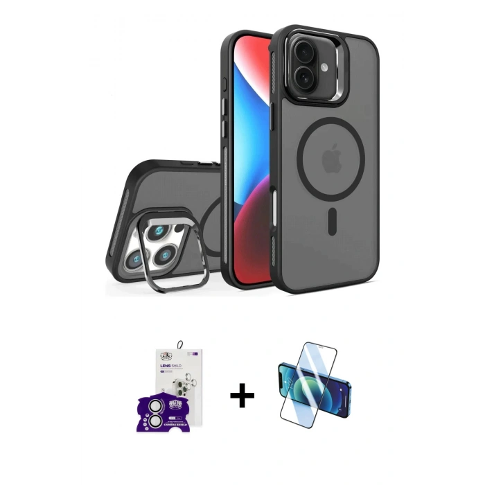 MARSİLYAN™- iPhone 16 Kılıf Akış Form - Siyah 3D Antistatik Seramik Nano Ekran Koruyucu + Gümüş Bilvis Titan Kamera Lens
