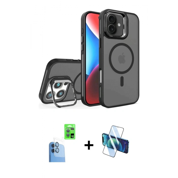 MARSİLYAN™- iPhone 16 Kılıf Akış Form - Siyah 3D Antistatik Seramik Nano Ekran Koruyucu + Raze Metal Kamera Lens - LT