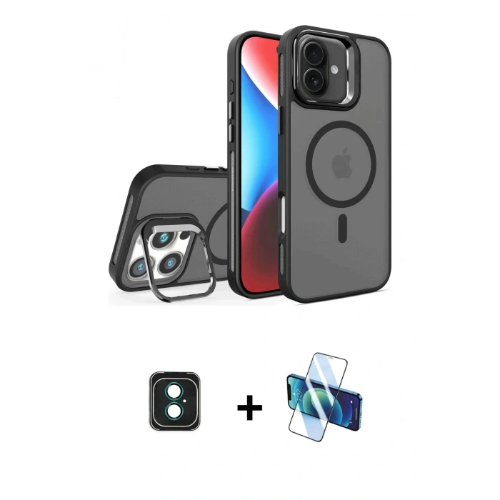 MARSİLYAN™- iPhone 16 Kılıf Akış Form - Siyah 3D Antistatik Seramik Nano Ekran Koruyucu + PVD Metal Kamera Lens - YL