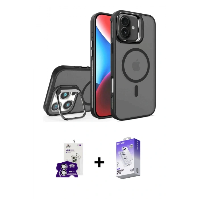 MARSİLYAN™- iPhone 16 Kılıf Akış Form - Siyah Bilvis 5in1 3D Magic Cam Ekran Koruyucu + Bilvis Titan Kamera Lens - GS
