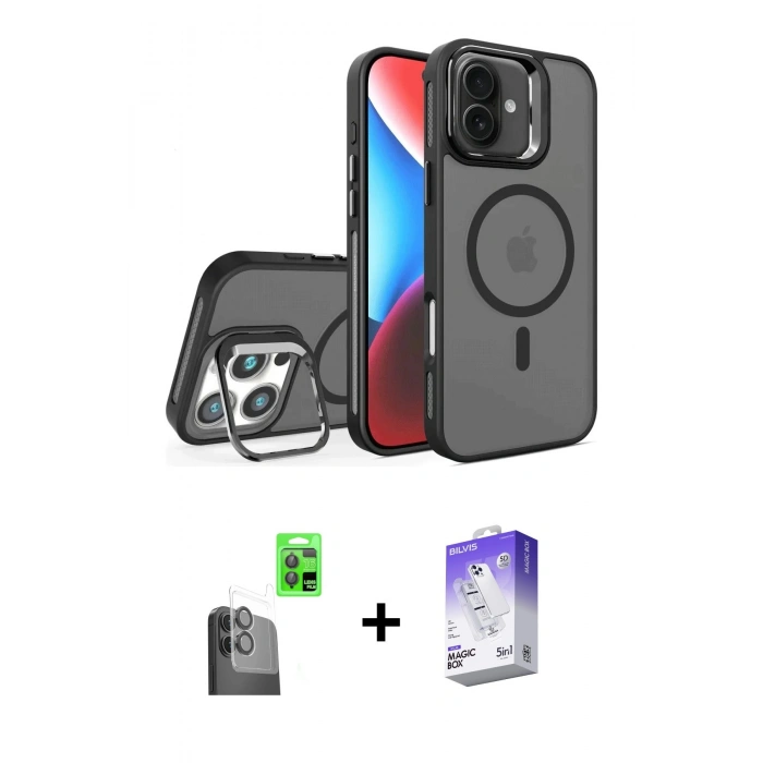 MARSİLYAN™- iPhone 16 Kılıf Akış Form - Siyah Bilvis 5in1 3D Magic Cam Ekran Koruyucu + Raze Metal Kamera Lens - SH
