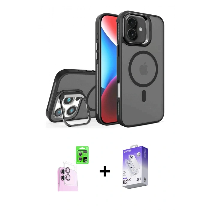 MARSİLYAN™- iPhone 16 Kılıf Akış Form - Siyah Bilvis 5in1 3D Magic Cam Ekran Koruyucu + Raze Metal Kamera Lens - PE