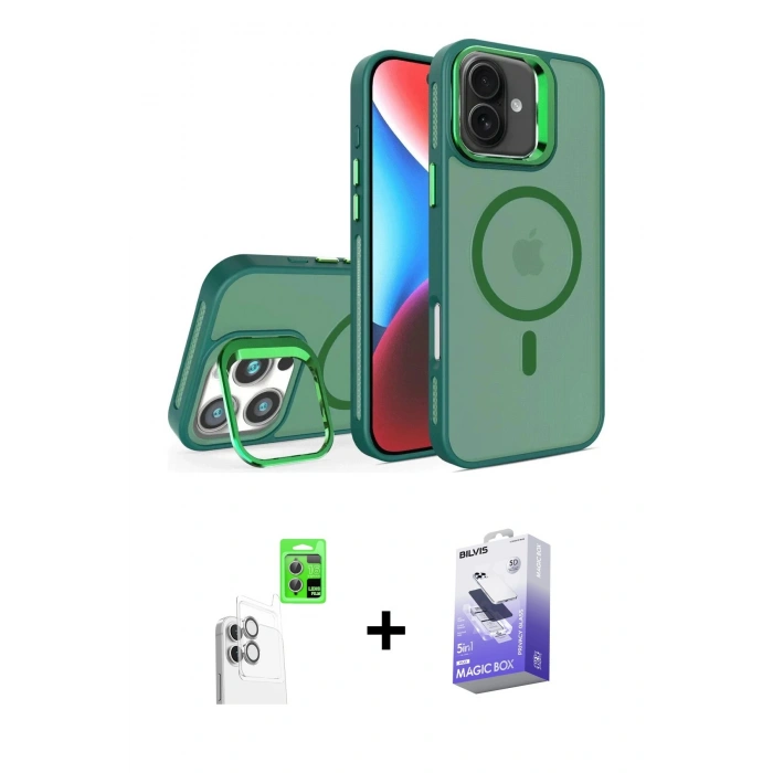 MARSİLYAN™- iPhone 16 Kılıf Akış Form - Siyah Bilvis 5in1 5D Magic Hayalet Cam Ekran Koruyucu + Beyaz Raze Metal Kamera Lens