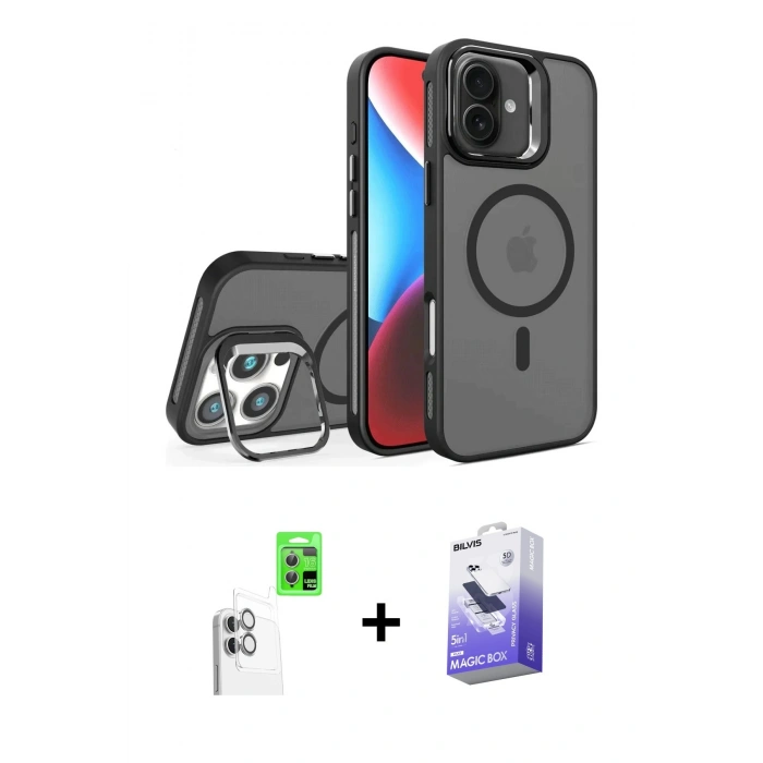 MARSİLYAN™- iPhone 16 Kılıf Akış Form - Siyah Bilvis 5in1 5D Magic Hayalet Cam Ekran Koruyucu + Beyaz Raze Metal Kamera Lens