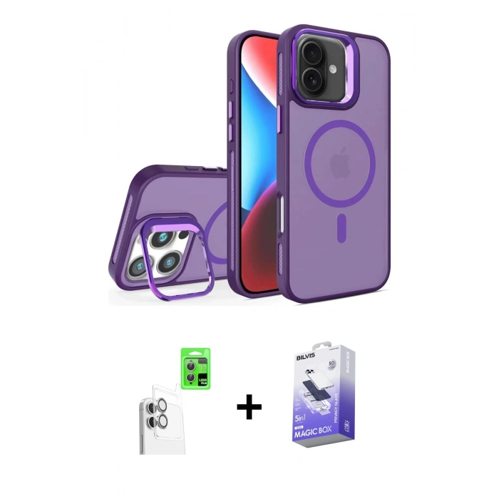 MARSİLYAN™- iPhone 16 Kılıf Akış Form - Siyah Bilvis 5in1 5D Magic Hayalet Cam Ekran Koruyucu + Beyaz Raze Metal Kamera Lens