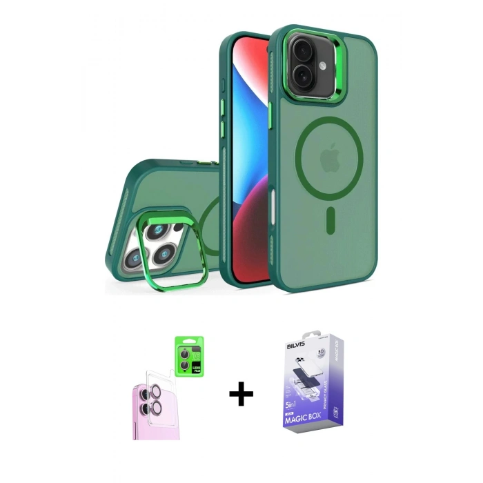 MARSİLYAN™- iPhone 16 Kılıf Akış Form - Siyah Bilvis 5in1 5D Magic Hayalet Cam Ekran Koruyucu + Raze Metal Kamera Lens - PE
