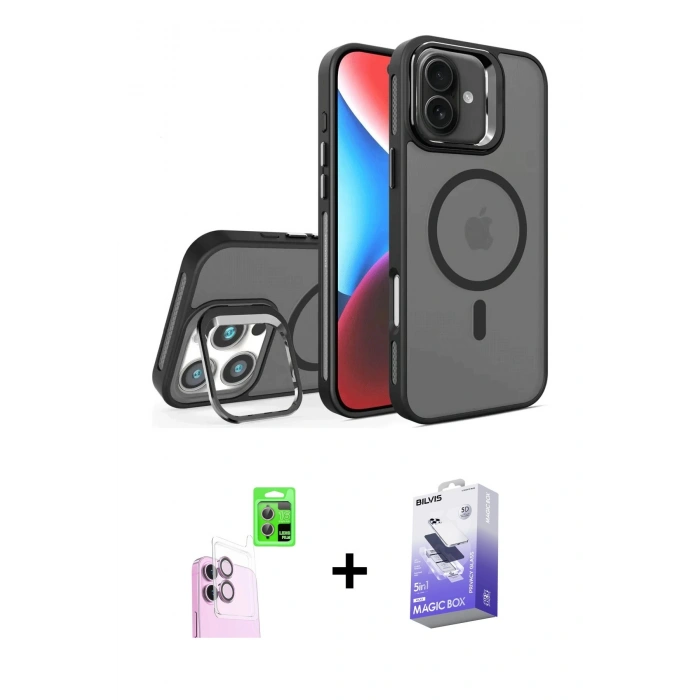 MARSİLYAN™- iPhone 16 Kılıf Akış Form - Siyah Bilvis 5in1 5D Magic Hayalet Cam Ekran Koruyucu + Raze Metal Kamera Lens - PE