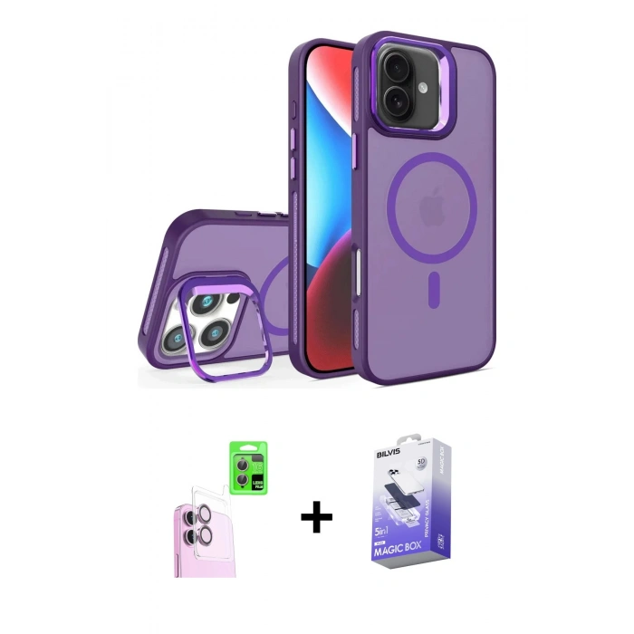 MARSİLYAN™- iPhone 16 Kılıf Akış Form - Siyah Bilvis 5in1 5D Magic Hayalet Cam Ekran Koruyucu + Raze Metal Kamera Lens - PE