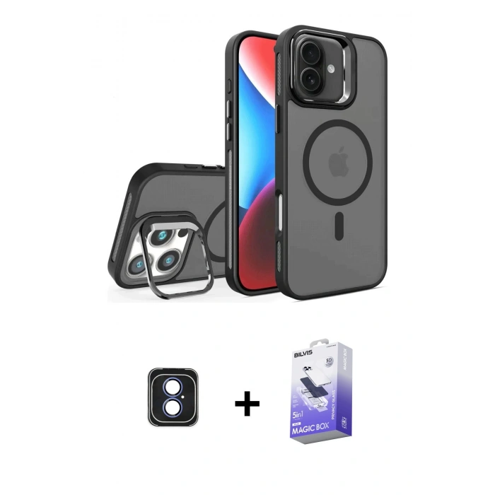 MARSİLYAN™- iPhone 16 Kılıf Akış Form - Siyah Bilvis 5in1 5D Magic Hayalet Cam Ekran Koruyucu + PVD Metal Kamera Lens - MI