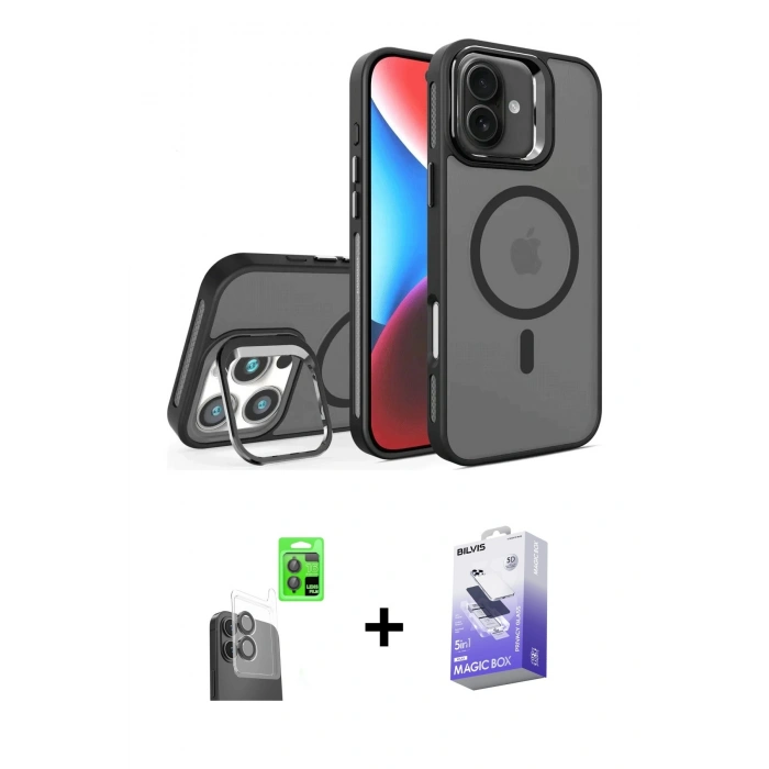 MARSİLYAN™- iPhone 16 Kılıf Akış Form - Siyah Bilvis 5in1 5D Magic Hayalet Cam Ekran Koruyucu + Raze Metal Kamera Lens - SH