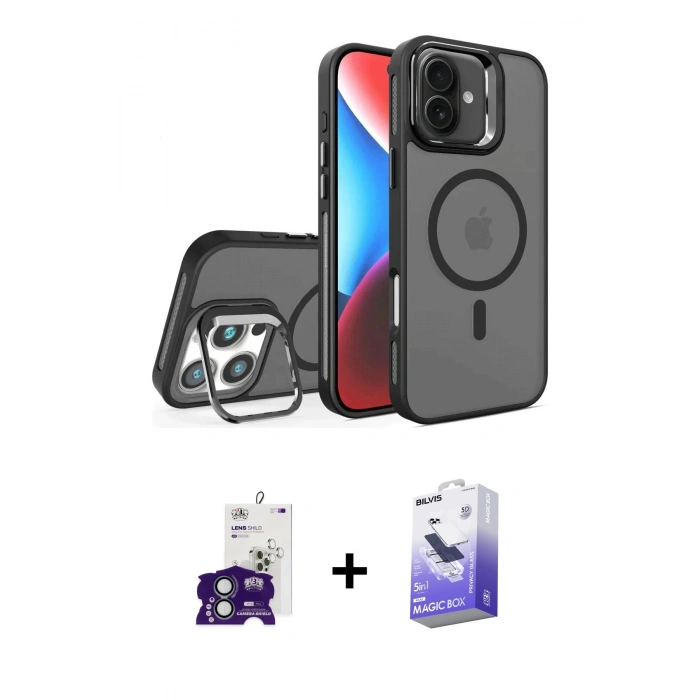 MARSİLYAN™- iPhone 16 Kılıf Akış Form - Siyah Bilvis 5in1 5D Magic Hayalet Cam Ekran Koruyucu + Bilvis Titan Kamera Lens - YL