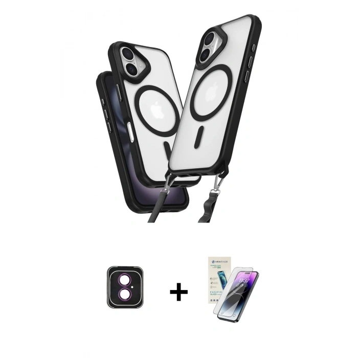 MARSİLYAN™- iPhone 16 Kılıf Atlas Doku Koleksiyonu - Şeffaf Pasifik Cam Ekran Koruyucu + PVD Metal Kamera Lens - PE