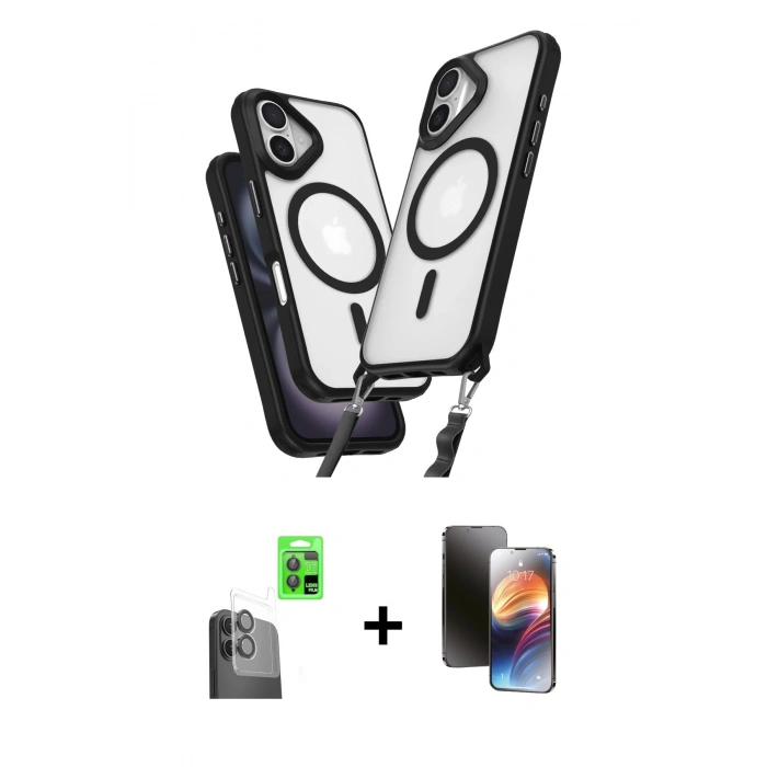 MARSİLYAN™- iPhone 16 Kılıf Atlas Doku Koleksiyonu - Siyah 3D Antistatik Mat Seramik Nano Ekran Koruyucu + Raze Metal Kamera Lens - SH