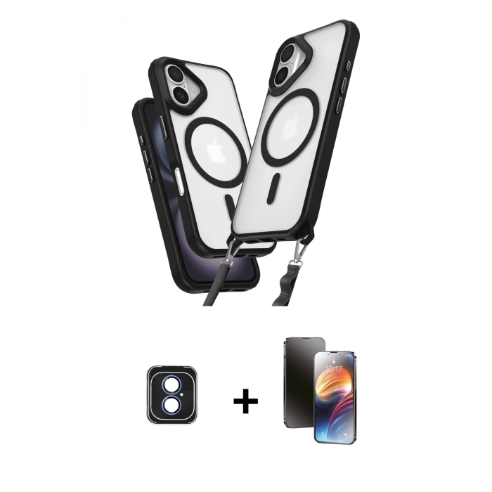 MARSİLYAN™- iPhone 16 Kılıf Atlas Doku Koleksiyonu - Siyah 3D Antistatik Mat Seramik Nano Ekran Koruyucu + PVD Metal Kamera Lens - MI