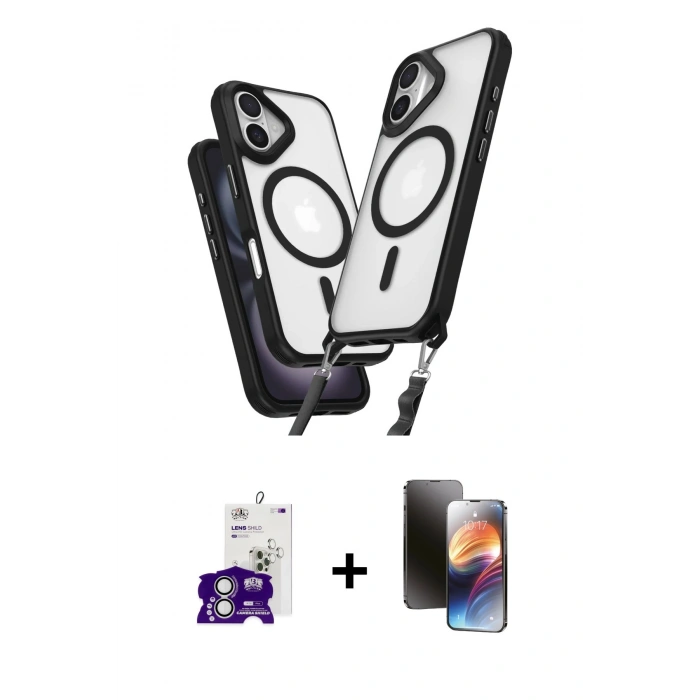 MARSİLYAN™- iPhone 16 Kılıf Atlas Doku Koleksiyonu - Siyah 3D Antistatik Mat Seramik Nano Ekran Koruyucu + Bilvis Titan Kamera Lens - GS