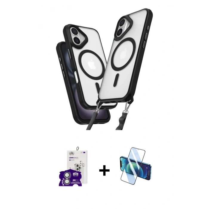 MARSİLYAN™- iPhone 16 Kılıf Atlas Doku Koleksiyonu - Siyah 3D Antistatik Seramik Nano Ekran Koruyucu + Bilvis Titan Kamera Lens - GS