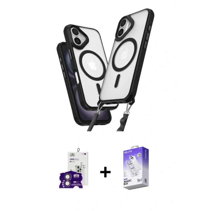 MARSİLYAN™- iPhone 16 Kılıf Atlas Doku Koleksiyonu - Siyah Bilvis 5in1 3D Magic Cam Ekran Koruyucu + Bilvis Titan Kamera Lens - PE
