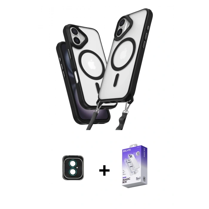 MARSİLYAN™- iPhone 16 Kılıf Atlas Doku Koleksiyonu - Siyah Bilvis 5in1 3D Magic Cam Ekran Koruyucu + PVD Metal Kamera Lens - YL
