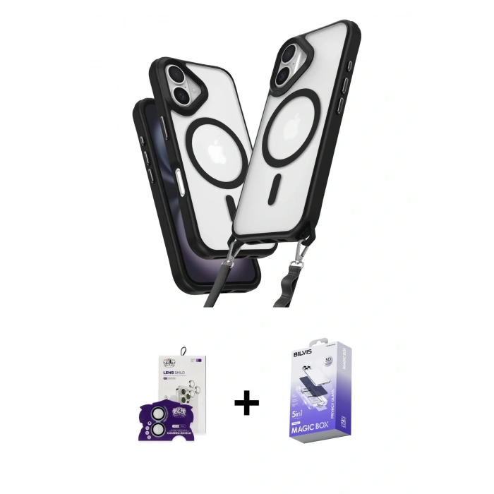 MARSİLYAN™- iPhone 16 Kılıf Atlas Doku Koleksiyonu - Siyah Bilvis 5in1 5D Magic Hayalet Cam Ekran Koruyucu + Bilvis Titan Kamera Lens - YL